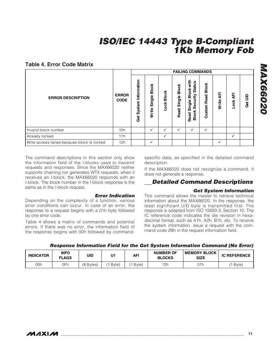 Detailed command descriptions, Table 4. error code matrix | Rainbow Electronics MAX66020 User Manual | Page 11 / 25