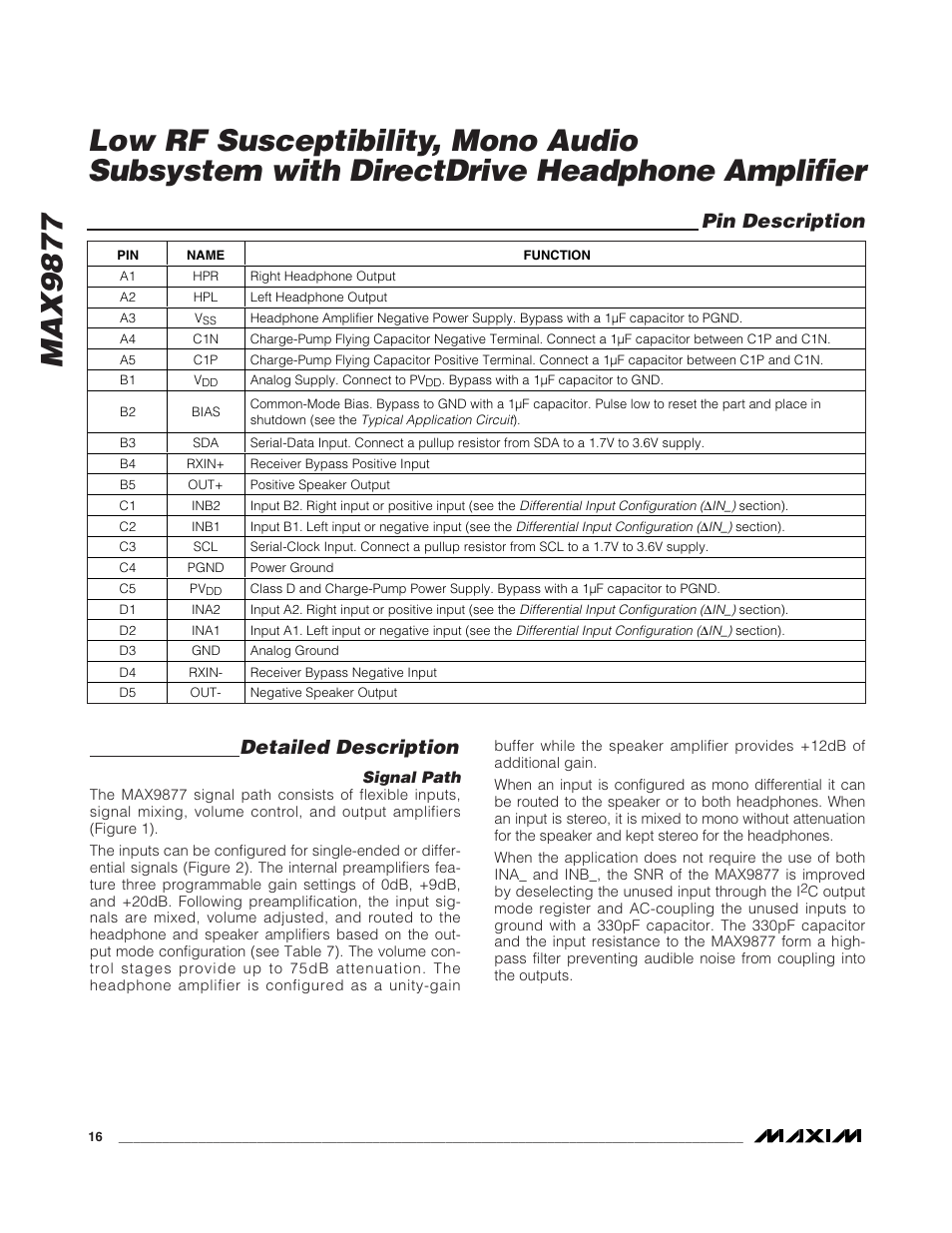 Pin description, Detailed description | Rainbow Electronics MAX9877 User Manual | Page 16 / 30