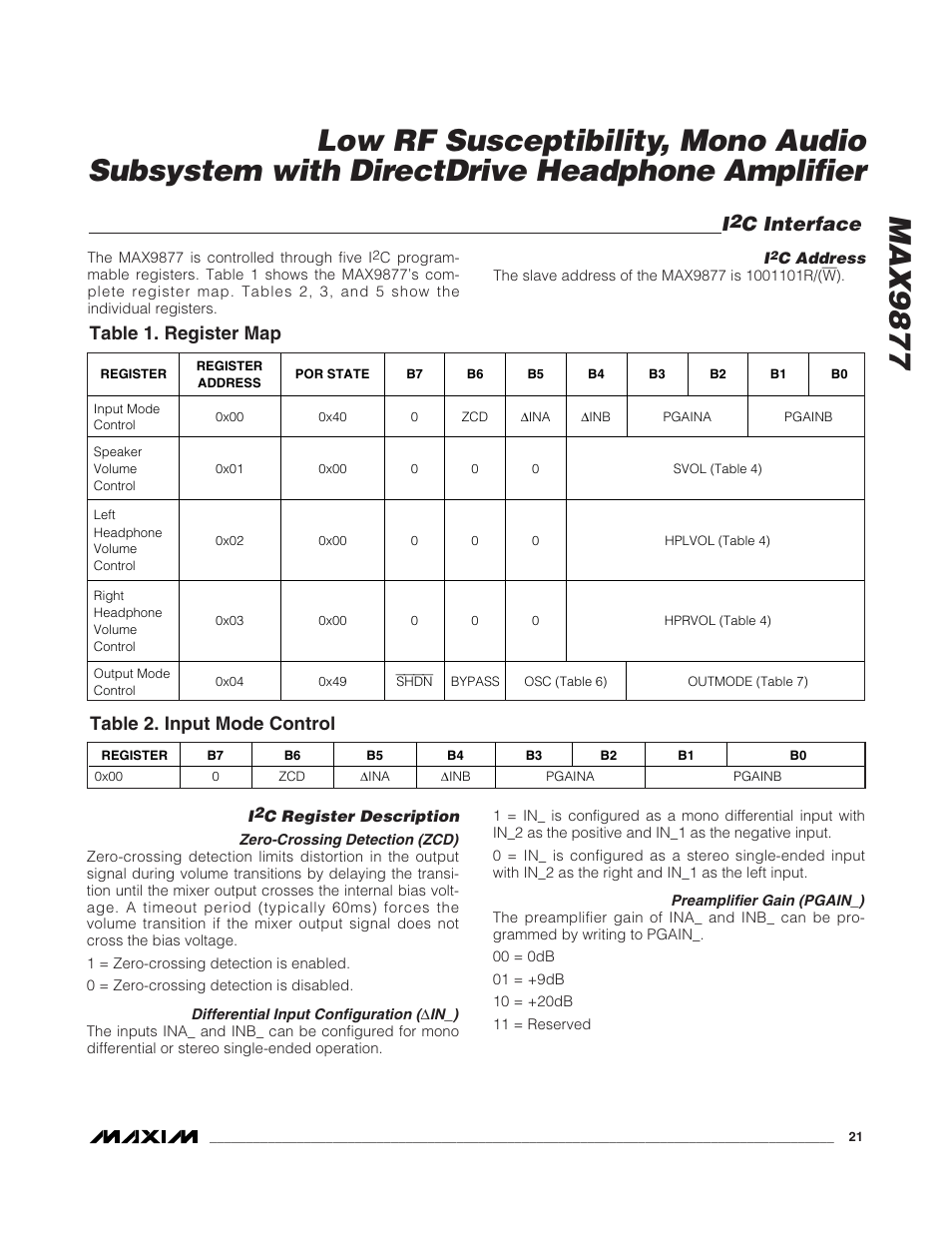 Max9877, C interface, Table 1. register map | Table 2. input mode control | Rainbow Electronics MAX9877 User Manual | Page 21 / 30