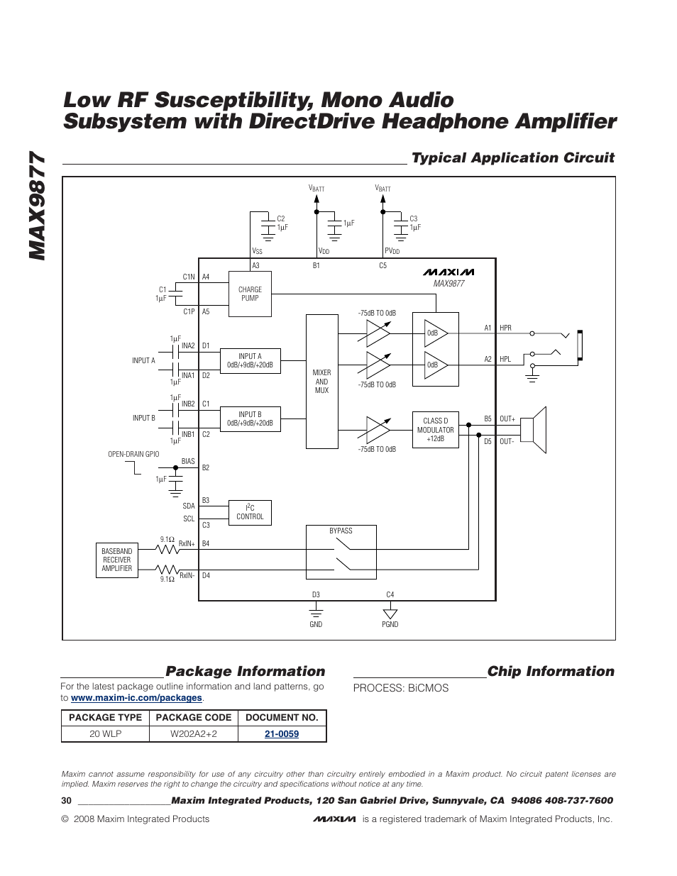 Typical application circuit, Chip information, Package information | Rainbow Electronics MAX9877 User Manual | Page 30 / 30