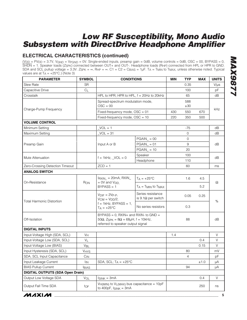 Electrical characteristics (continued) | Rainbow Electronics MAX9877 User Manual | Page 5 / 30