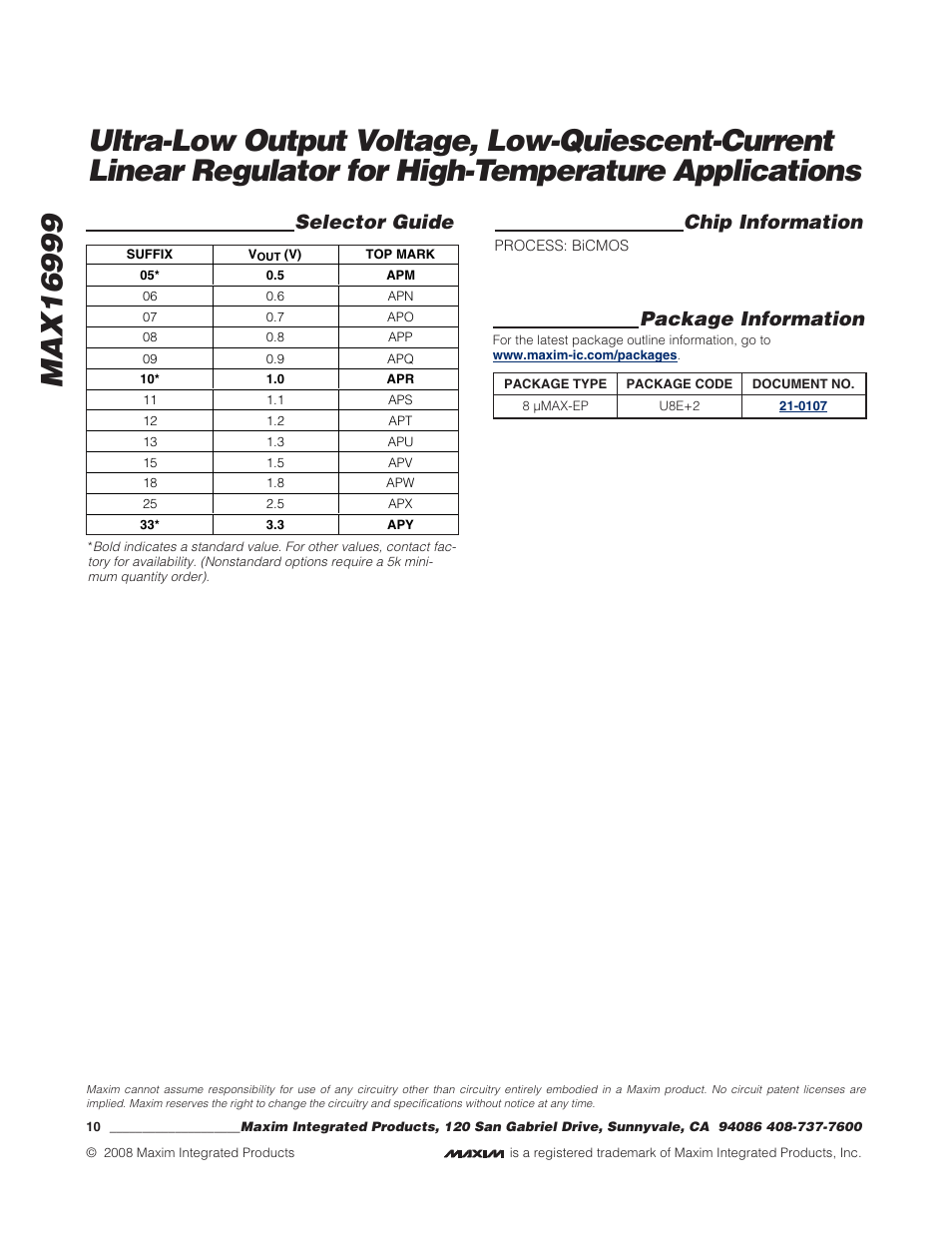 Chip information, Selector guide, Package information | Rainbow Electronics MAX16999 User Manual | Page 10 / 10
