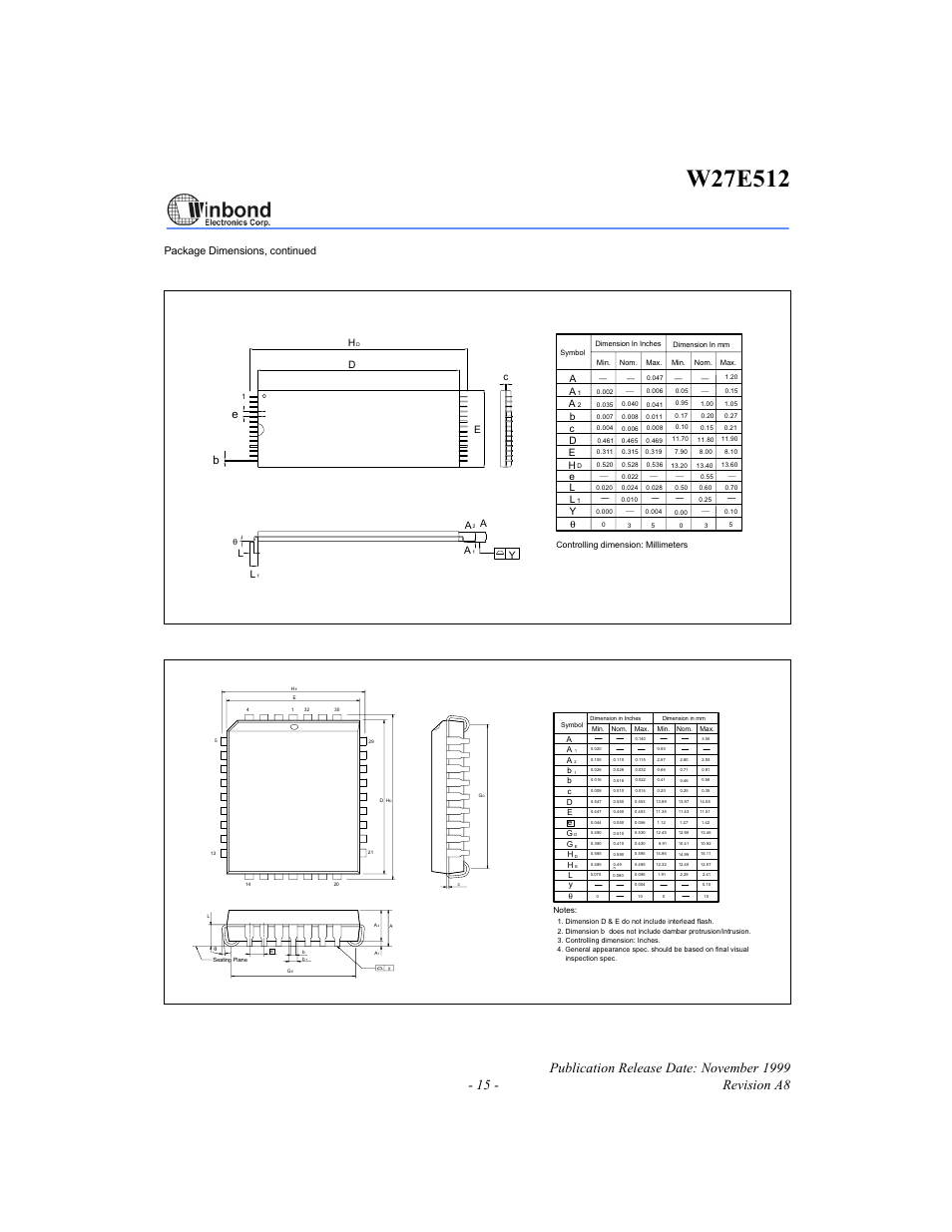 Pin standard type one tsop, Pin plcc, Package dimensions, continued | Yc e h d | Rainbow Electronics W27E512 User Manual | Page 15 / 16