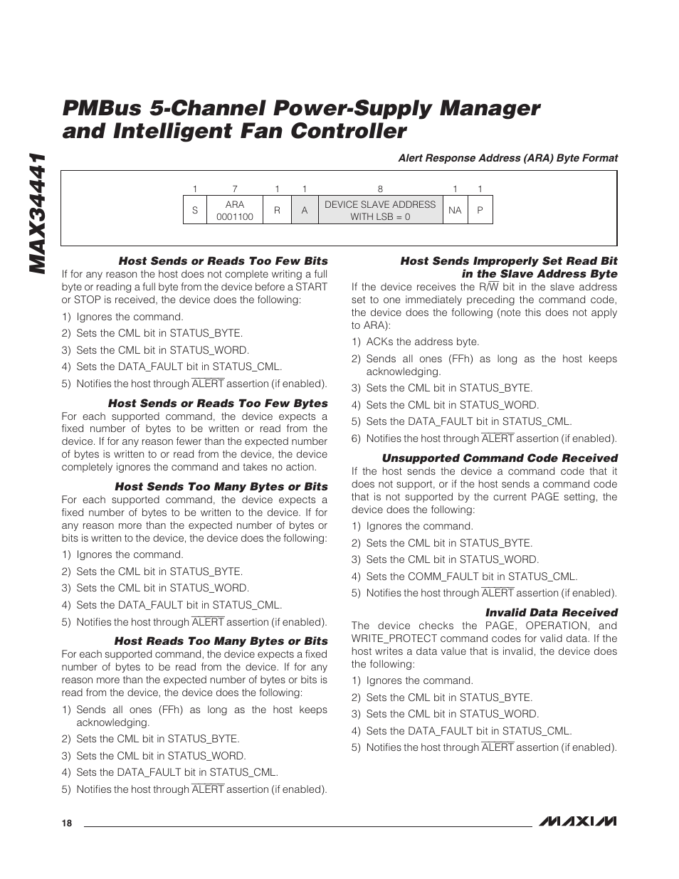 Alert response address (ara) byte format, Host sends or reads too few bits, Host sends or reads too few bytes | Host sends too many bytes or bits, Host reads too many bytes or bits, Unsupported command code received, Invalid data received | Rainbow Electronics MAX34441 User Manual | Page 18 / 53