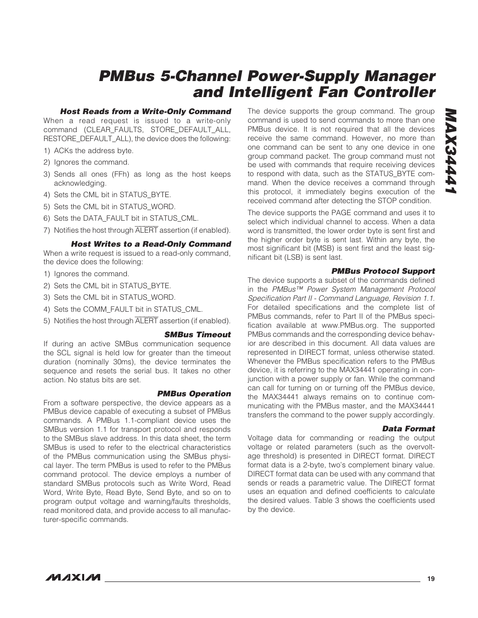 Host reads from a write-only command, Host writes to a read-only command, Smbus timeout | Pmbus operation, Pmbus protocol support, Data format | Rainbow Electronics MAX34441 User Manual | Page 19 / 53