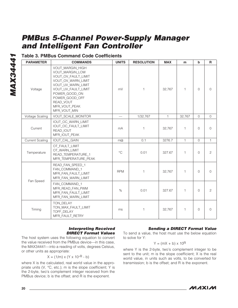 Interpreting received direct format values, Sending a direct format value, Table 3. pmbus command code coefficients | Rainbow Electronics MAX34441 User Manual | Page 20 / 53