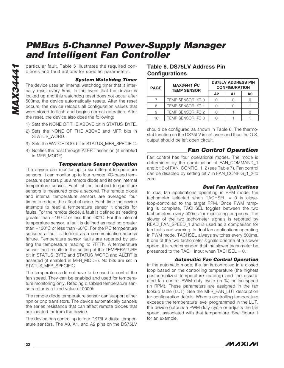 System watchdog timer, Temperature sensor operation, Fan control operation | Dual fan applications, Automatic fan control operation, System watchdog timer temperature sensor operation, Table 6. ds75lv address pin configurations | Rainbow Electronics MAX34441 User Manual | Page 22 / 53