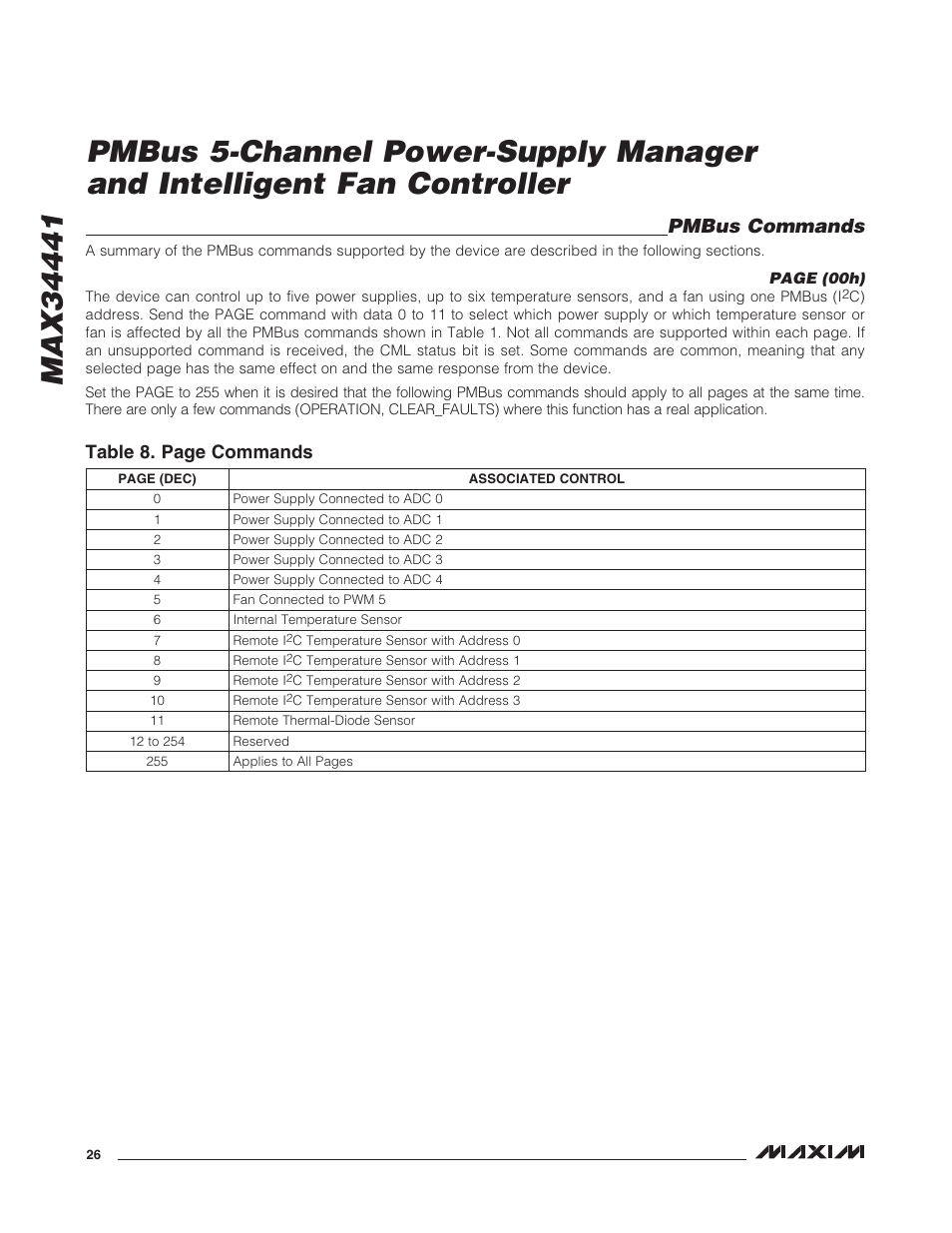 Pmbus commands, Table 8. page commands | Rainbow Electronics MAX34441 User Manual | Page 26 / 53