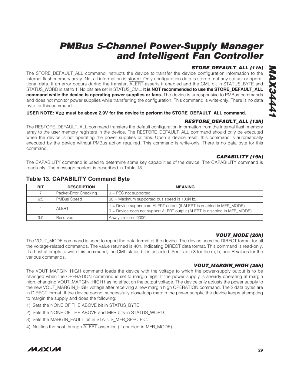 Store_default_all (11h), Restore_default_all (12h), Capability (19h) | Vout_mode (20h), Vout_margin_high (25h), Table 13. capability command byte | Rainbow Electronics MAX34441 User Manual | Page 29 / 53