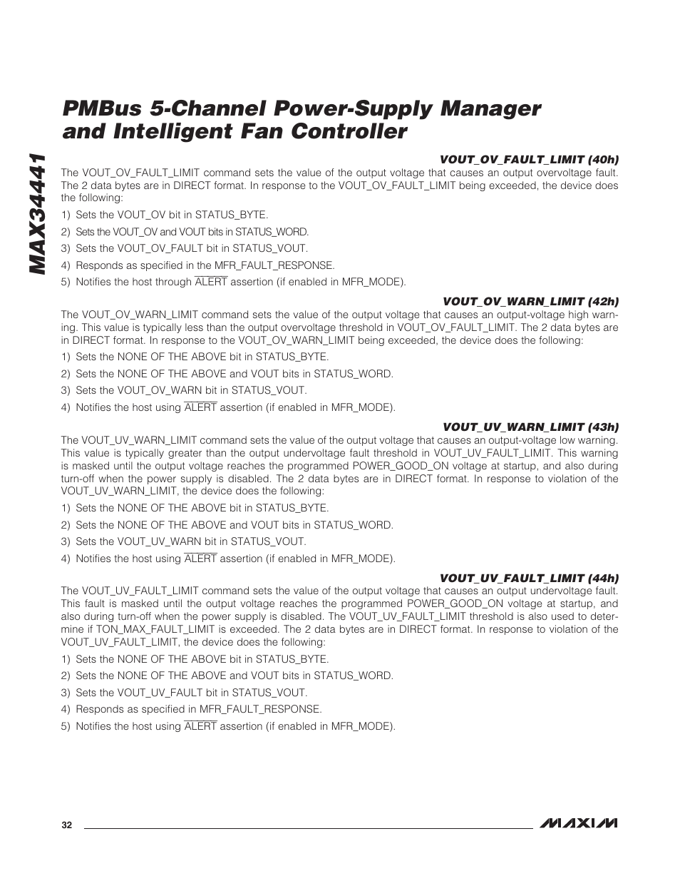 Vout_ov_fault_limit (40h), Vout_ov_warn_limit (42h), Vout_uv_warn_limit (43h) | Vout_uv_fault_limit (44h) | Rainbow Electronics MAX34441 User Manual | Page 32 / 53