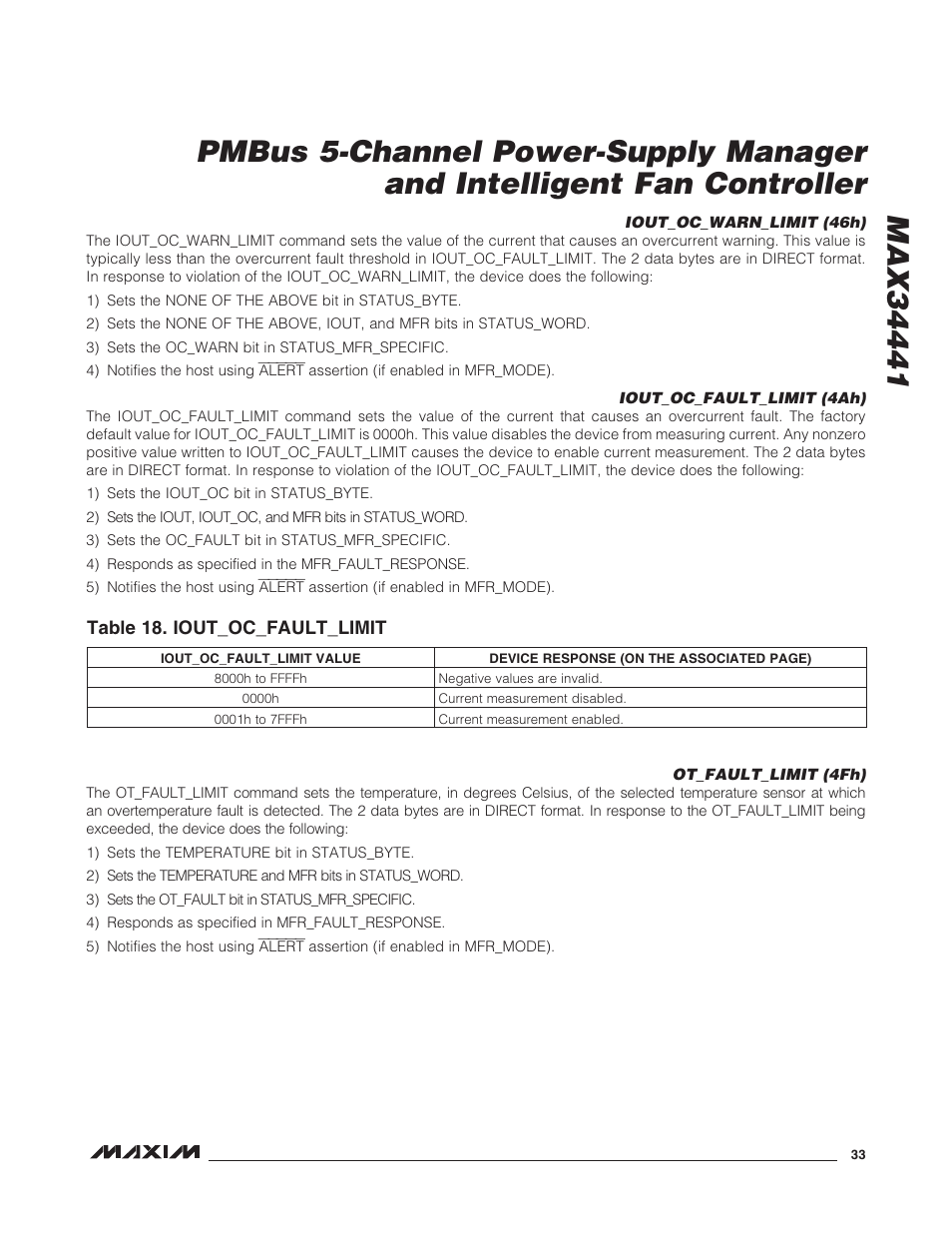 Iout_oc_warn_limit (46h), Iout_oc_fault_limit (4ah), Ot_fault_limit (4fh) | Table 18. iout_oc_fault_limit | Rainbow Electronics MAX34441 User Manual | Page 33 / 53