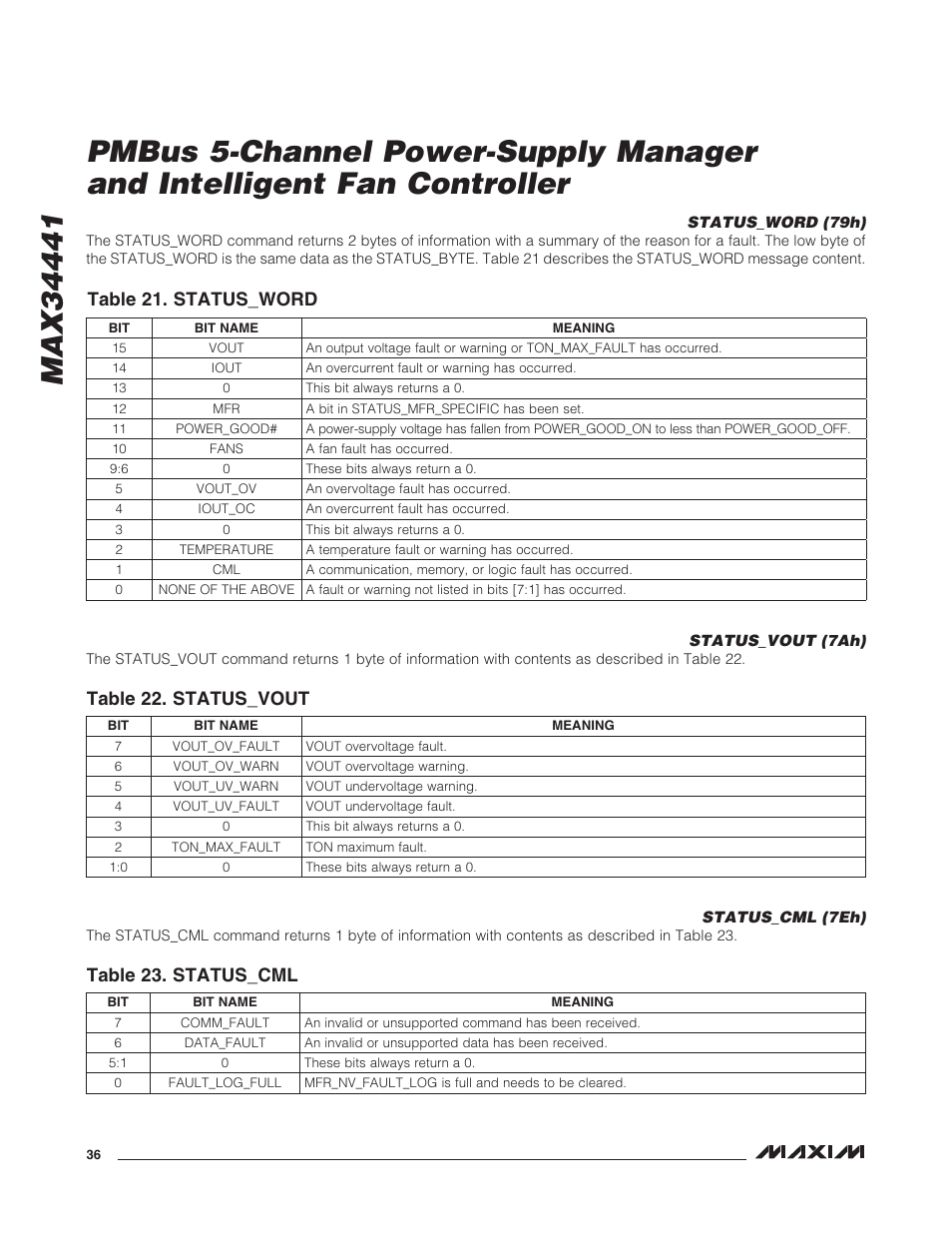 Status_word (79h), Status_vout (7ah), Status_cml (7eh) | Rainbow Electronics MAX34441 User Manual | Page 36 / 53