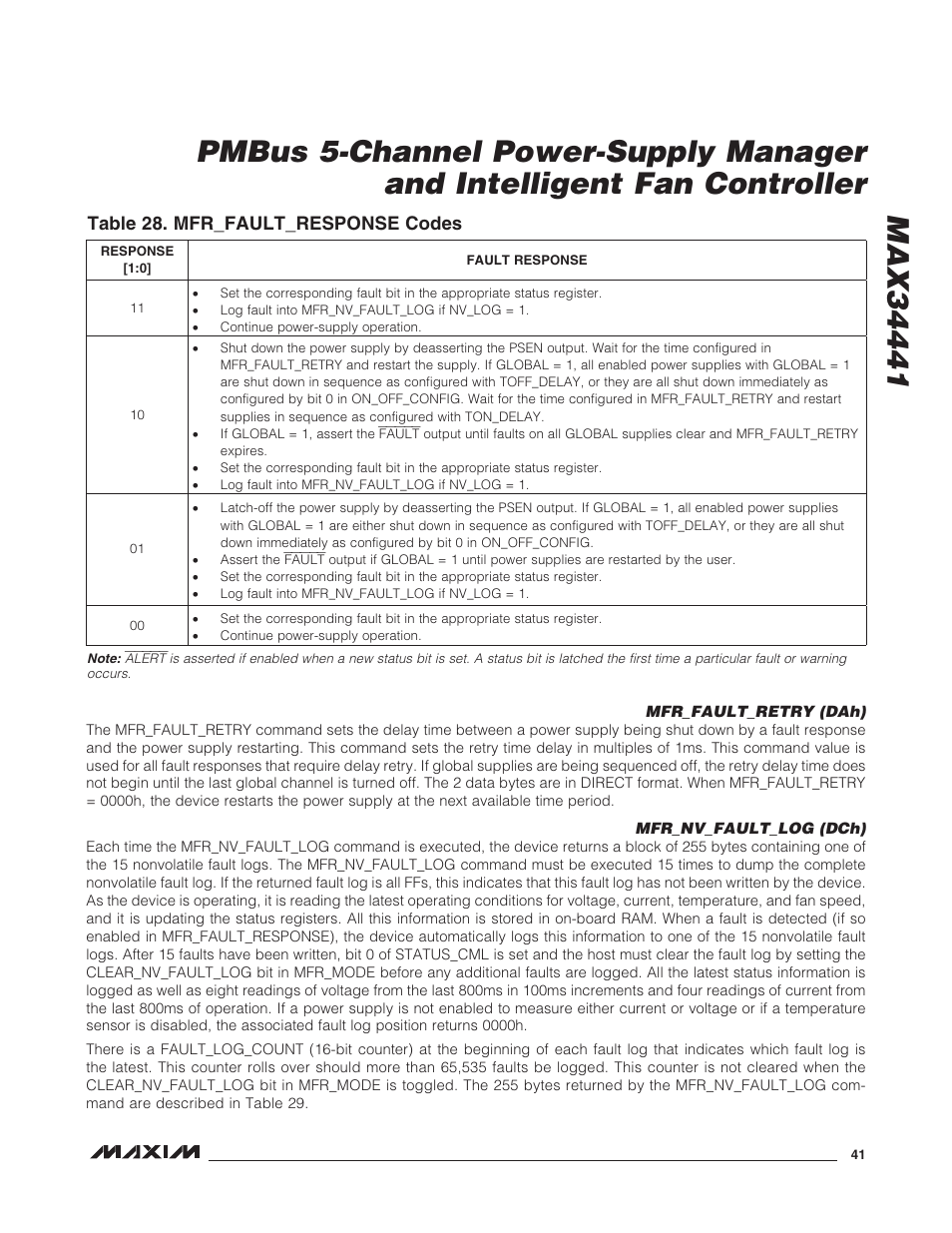 Mfr_fault_retry (dah), Mfr_nv_fault_log (dch), Mfr_fault_retry (dah) mfr_nv_fault_log (dch) | Table 28. mfr_fault_response codes | Rainbow Electronics MAX34441 User Manual | Page 41 / 53