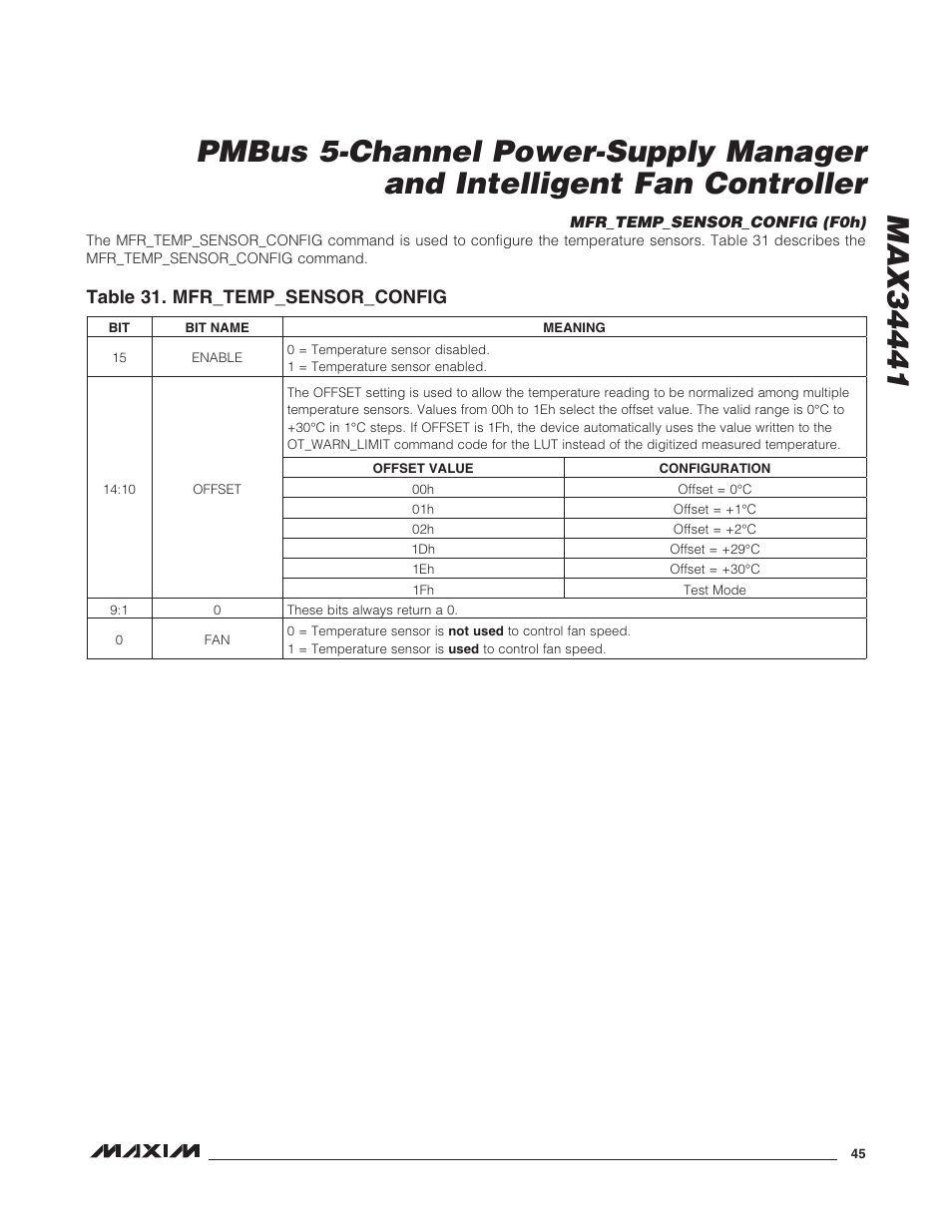 Mfr_temp_sensor_config (f0h), Table 31. mfr_temp_sensor_config | Rainbow Electronics MAX34441 User Manual | Page 45 / 53