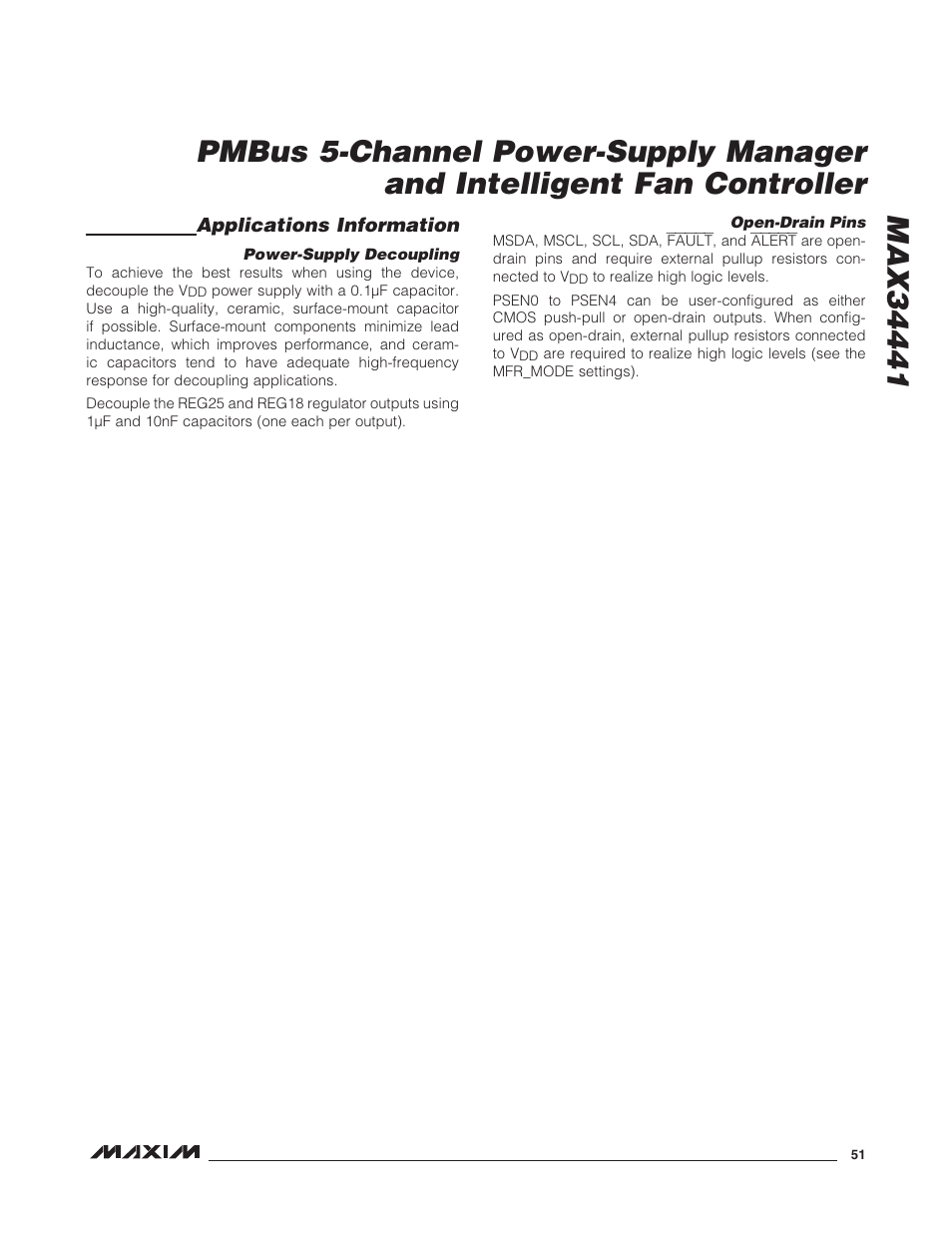 Applications information, Power-supply decoupling, Open-drain pins | Power-supply decoupling open-drain pins | Rainbow Electronics MAX34441 User Manual | Page 51 / 53