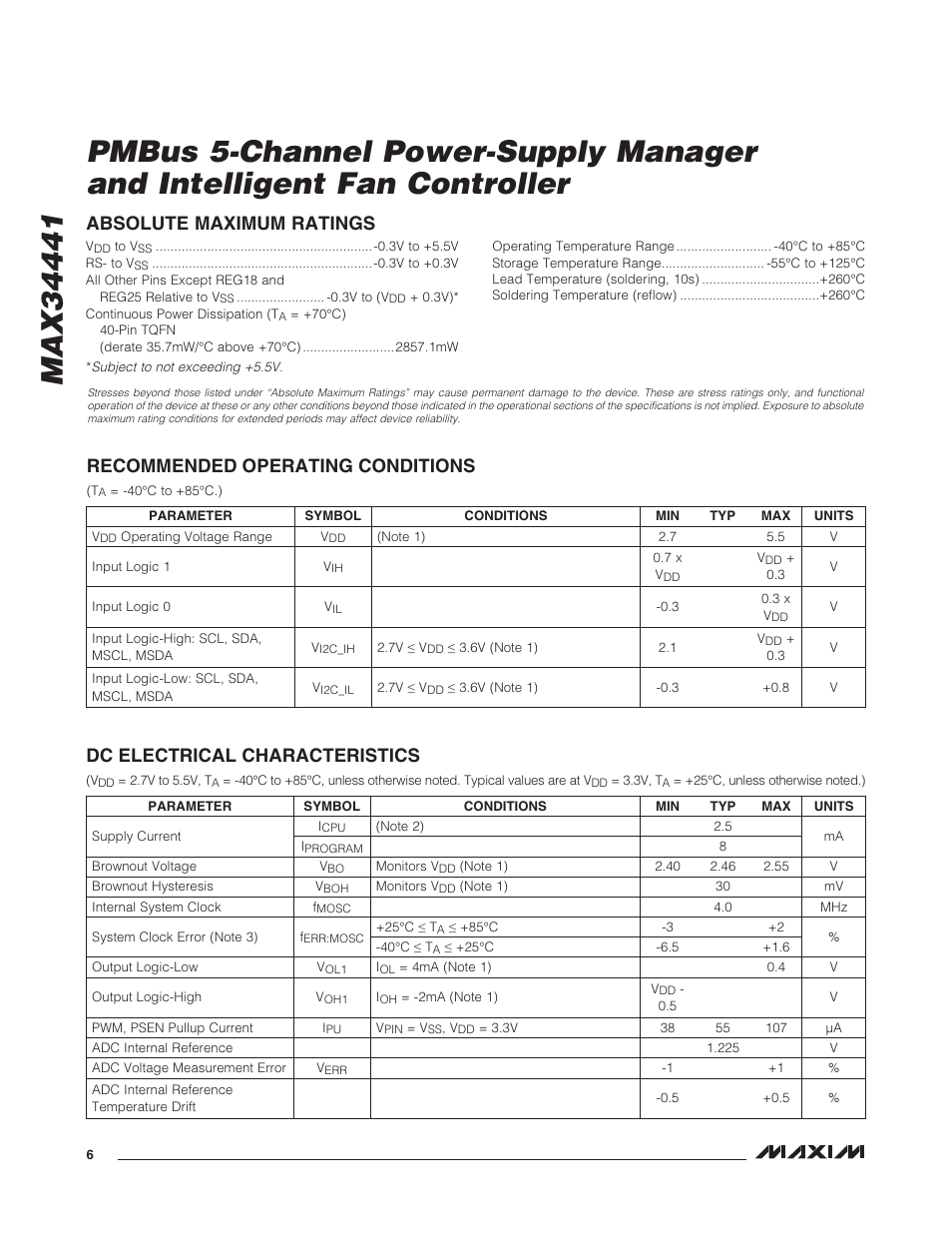 Absolute maximum ratings, Recommended operating conditions, Dc electrical characteristics | Rainbow Electronics MAX34441 User Manual | Page 6 / 53