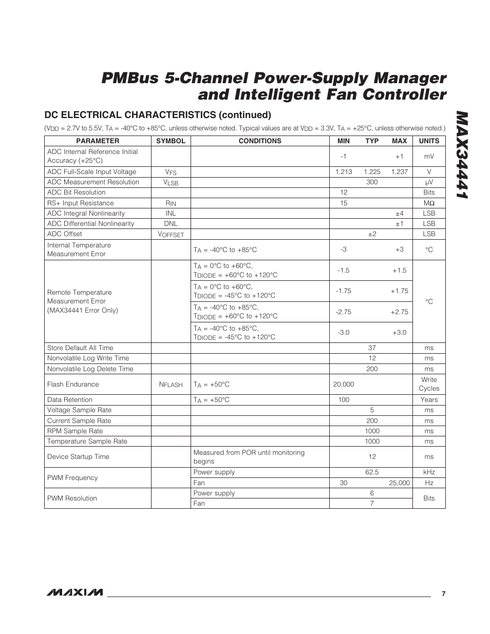 Dc electrical characteristics (continued) | Rainbow Electronics MAX34441 User Manual | Page 7 / 53