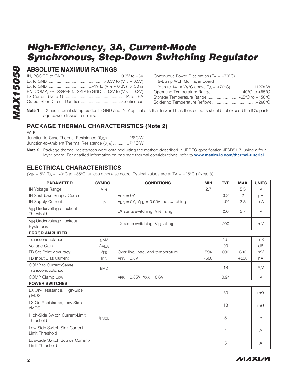 Electrical characteristics, Absolute maximum ratings | Rainbow Electronics MAX15058 User Manual | Page 2 / 21