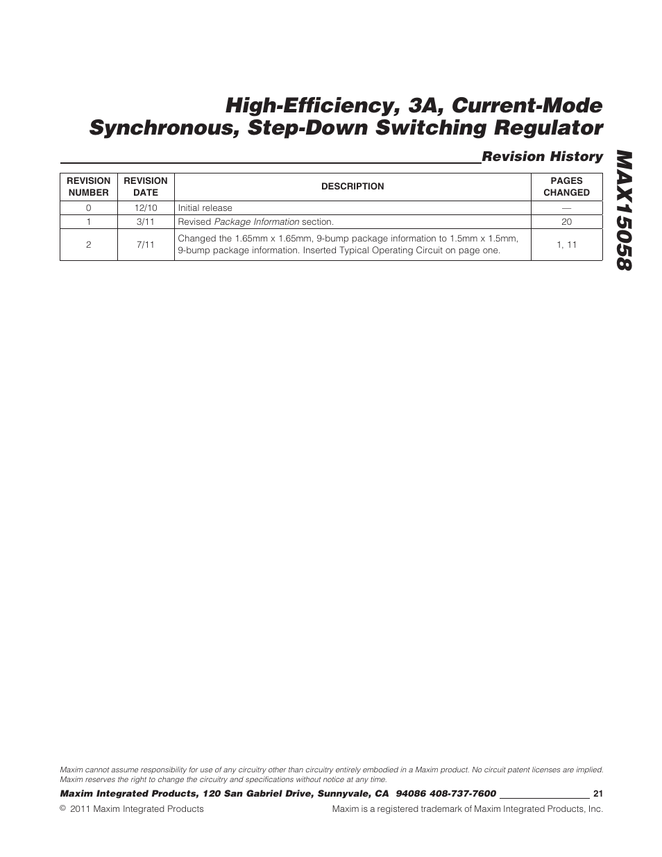 Revision history | Rainbow Electronics MAX15058 User Manual | Page 21 / 21