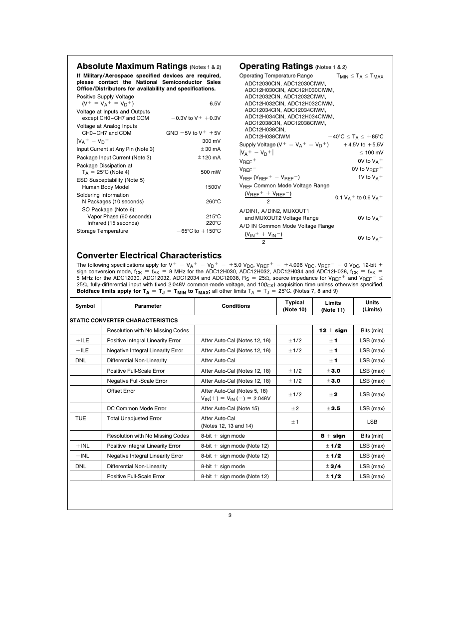 Absolute maximum ratings, Operating ratings, Converter electrical characteristics | Rainbow Electronics ADC12038 User Manual | Page 3 / 42