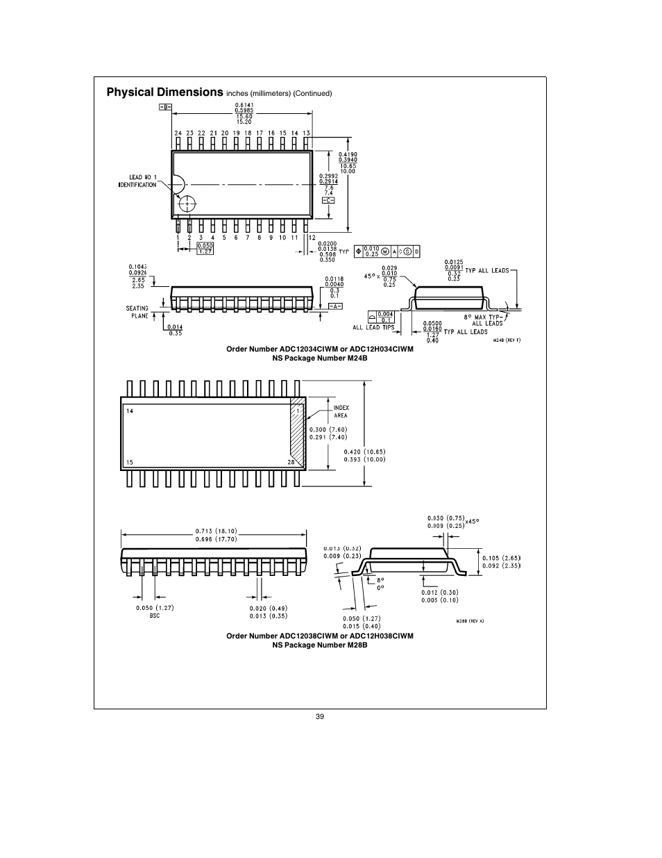 Physical dimensions | Rainbow Electronics ADC12038 User Manual | Page 39 / 42