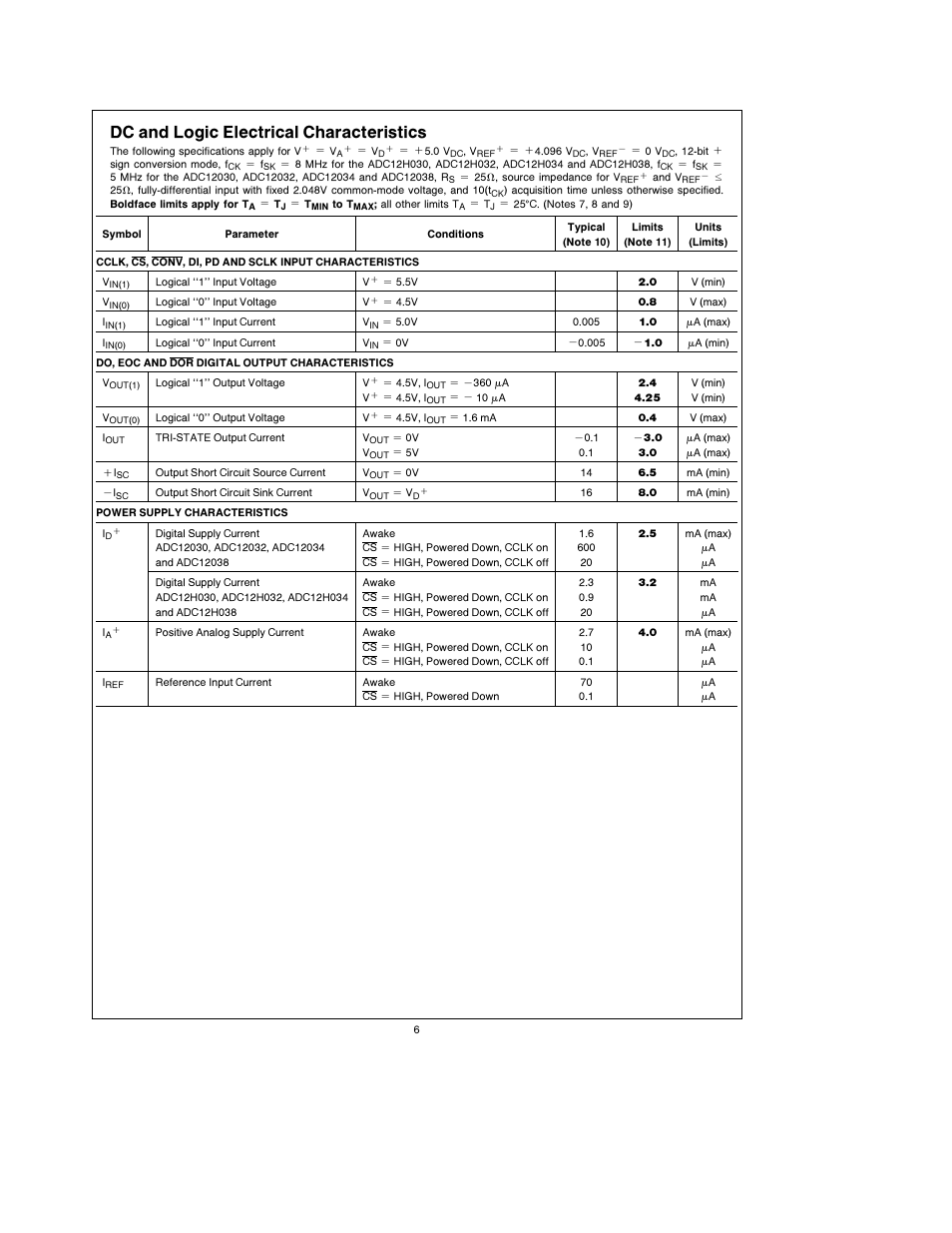 Dc and logic electrical characteristics | Rainbow Electronics ADC12038 User Manual | Page 6 / 42