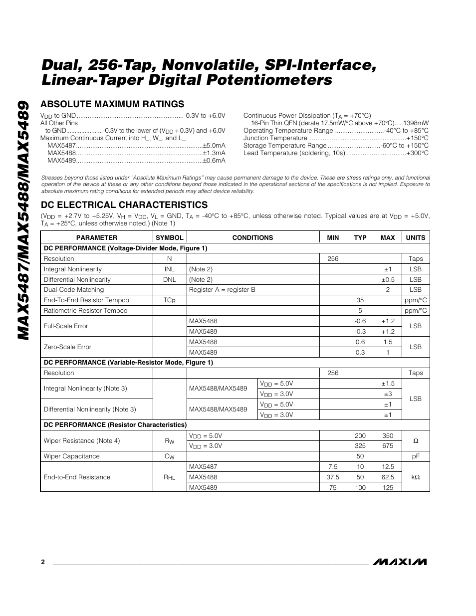Absolute maximum ratings, Dc electrical characteristics | Rainbow Electronics MAX5489 User Manual | Page 2 / 14