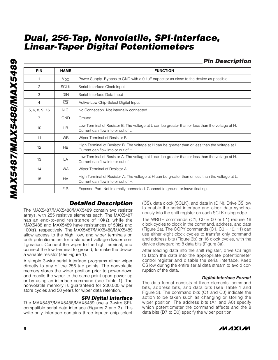 Detailed description, Pin description | Rainbow Electronics MAX5489 User Manual | Page 8 / 14