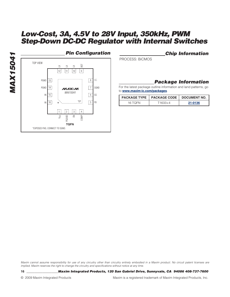 Package information, Chip information, Pin configuration | Rainbow Electronics MAX15041 User Manual | Page 16 / 16