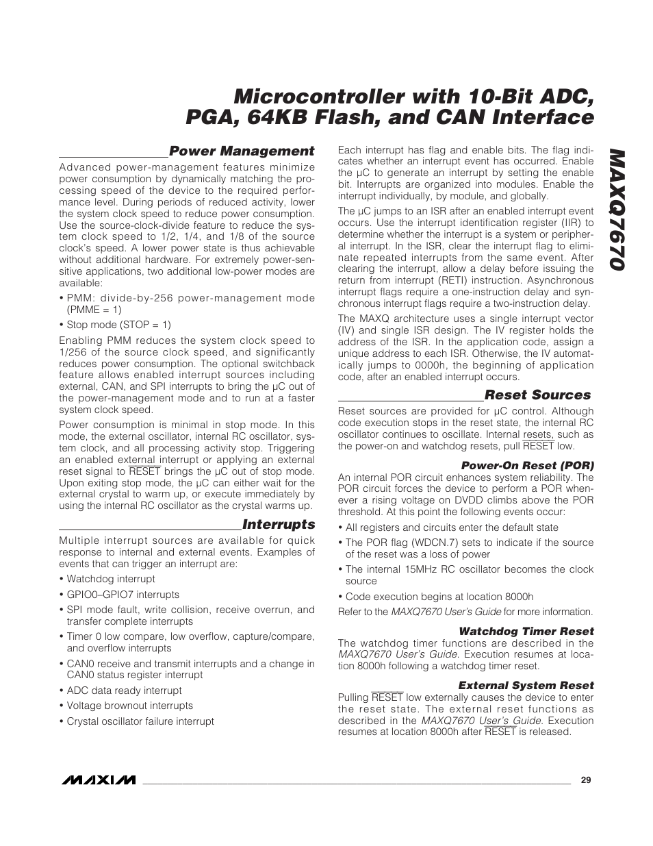 Power management, Interrupts, Reset sources | Rainbow Electronics MAXQ7670 User Manual | Page 29 / 37
