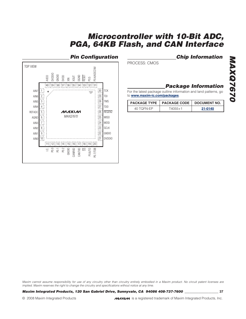 Pin configuration package information, Chip information | Rainbow Electronics MAXQ7670 User Manual | Page 37 / 37