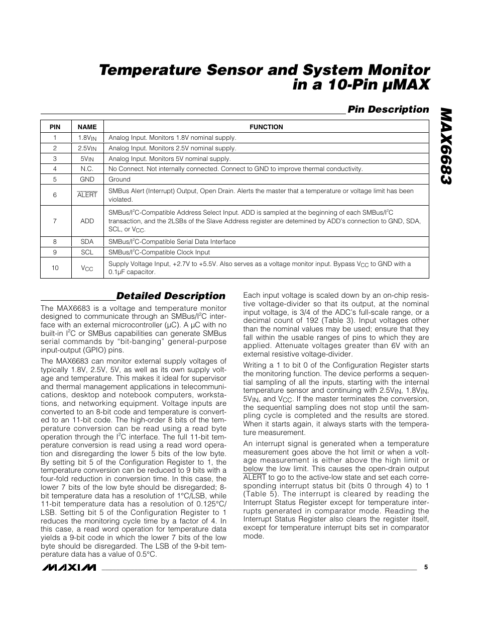 Detailed description, Pin description | Rainbow Electronics MAX6683 User Manual | Page 5 / 14