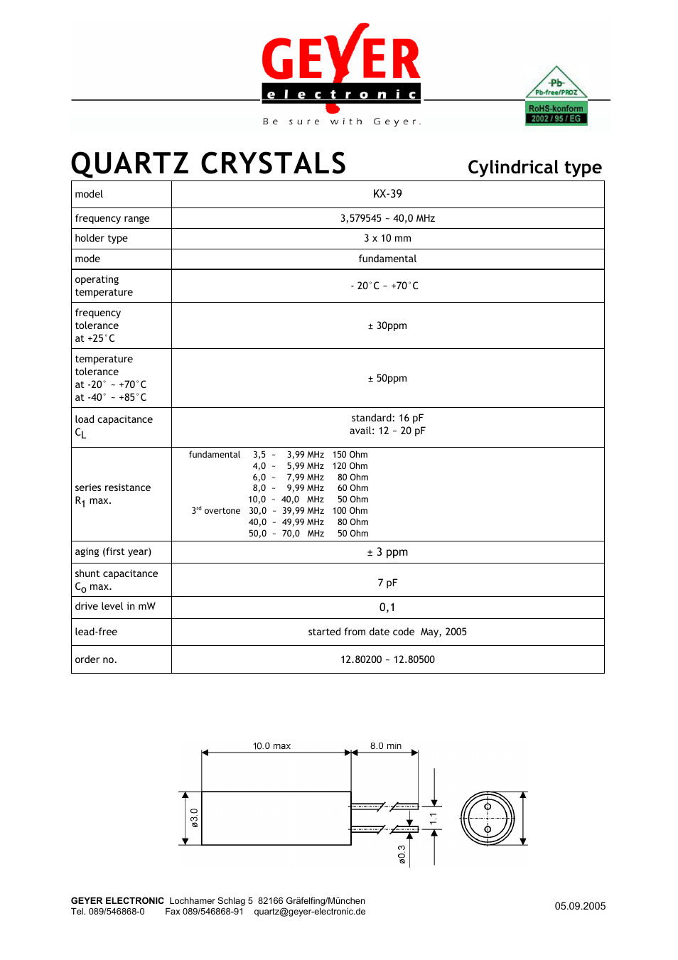 Rainbow Electronics KX-39 User Manual | 1 page