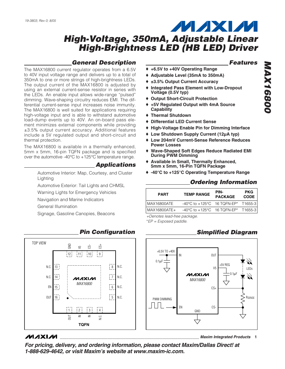 Rainbow Electronics MAX16800 User Manual | 9 pages