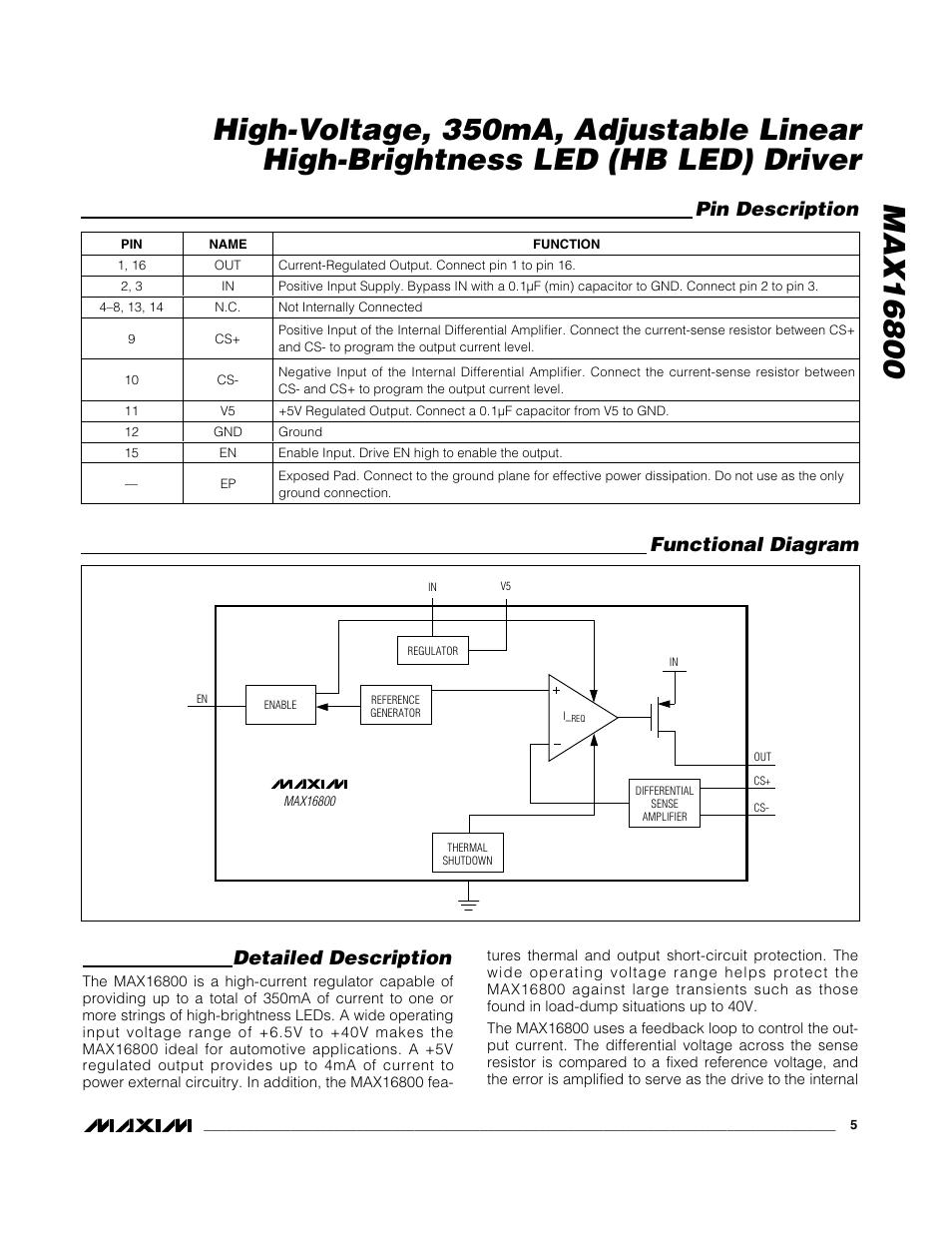 Pin description, Functional diagram, Detailed description | Rainbow Electronics MAX16800 User Manual | Page 5 / 9