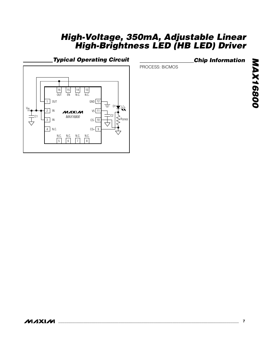 Chip information, Typical operating circuit | Rainbow Electronics MAX16800 User Manual | Page 7 / 9