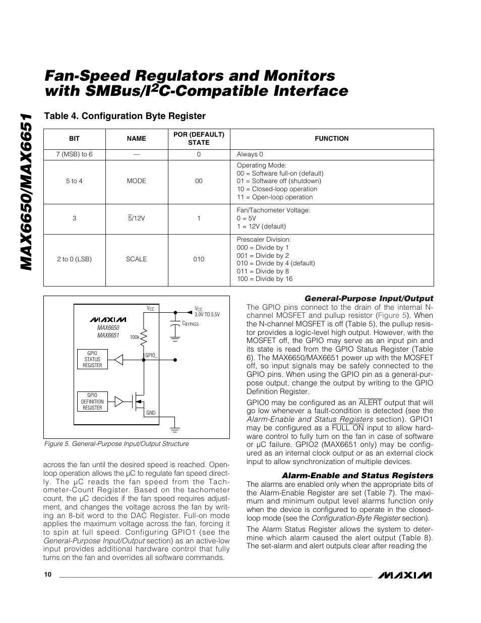 C-compatible interface, Table 4. configuration byte register | Rainbow Electronics MAX6651 User Manual | Page 10 / 25