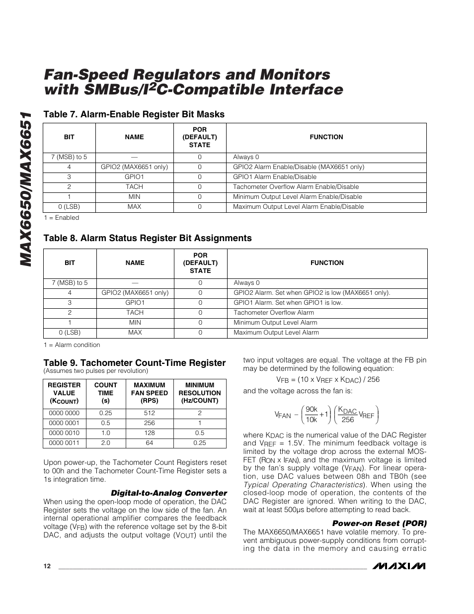 C-compatible interface, Table 8. alarm status register bit assignments, Table 9. tachometer count-time register | Table 7. alarm-enable register bit masks | Rainbow Electronics MAX6651 User Manual | Page 12 / 25