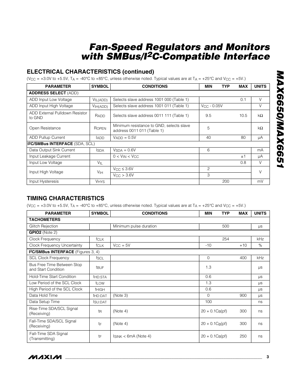 C-compatible interface, Electrical characteristics (continued), Timing characteristics | Rainbow Electronics MAX6651 User Manual | Page 3 / 25