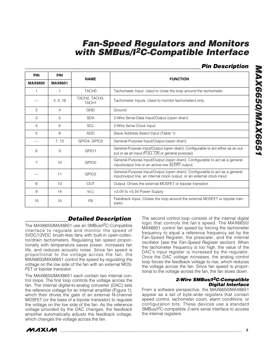 C-compatible interface, Detailed description, Pin description | Rainbow Electronics MAX6651 User Manual | Page 5 / 25