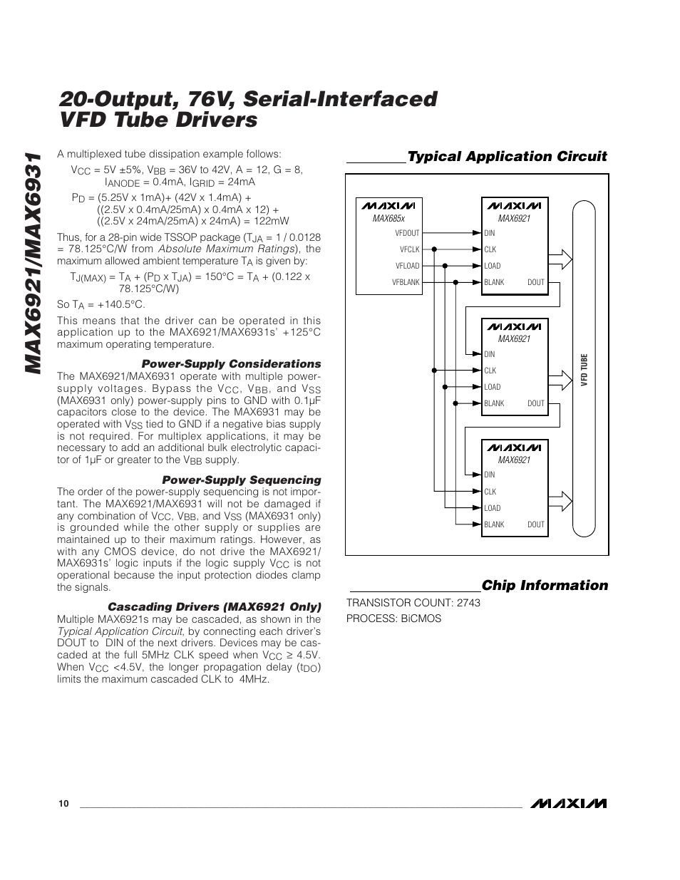 Output, 76v, serial-interfaced vfd tube drivers, Typical application circuit chip information | Rainbow Electronics MAX6931 User Manual | Page 10 / 14