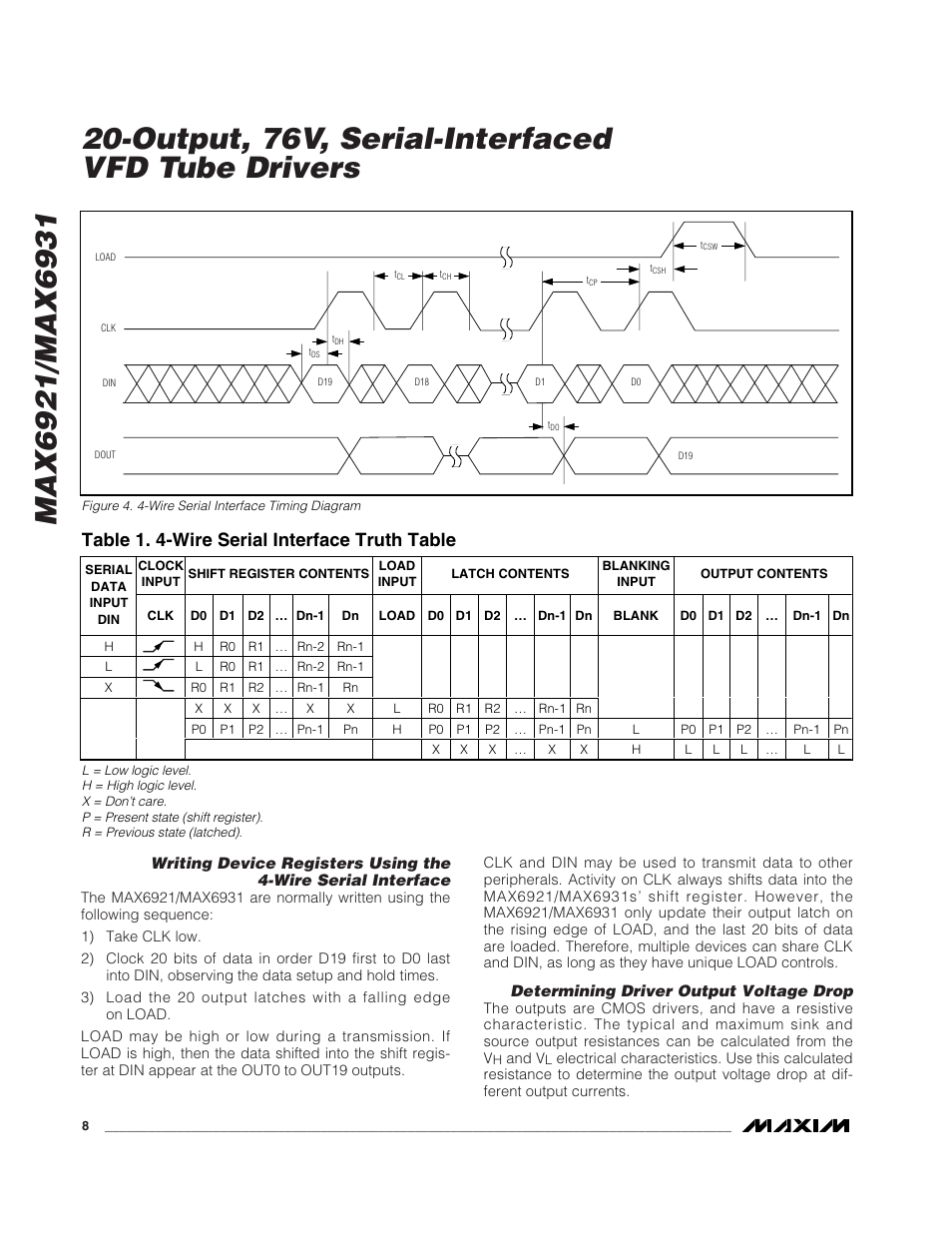 Output, 76v, serial-interfaced vfd tube drivers, Table 1. 4-wire serial interface truth table | Rainbow Electronics MAX6931 User Manual | Page 8 / 14
