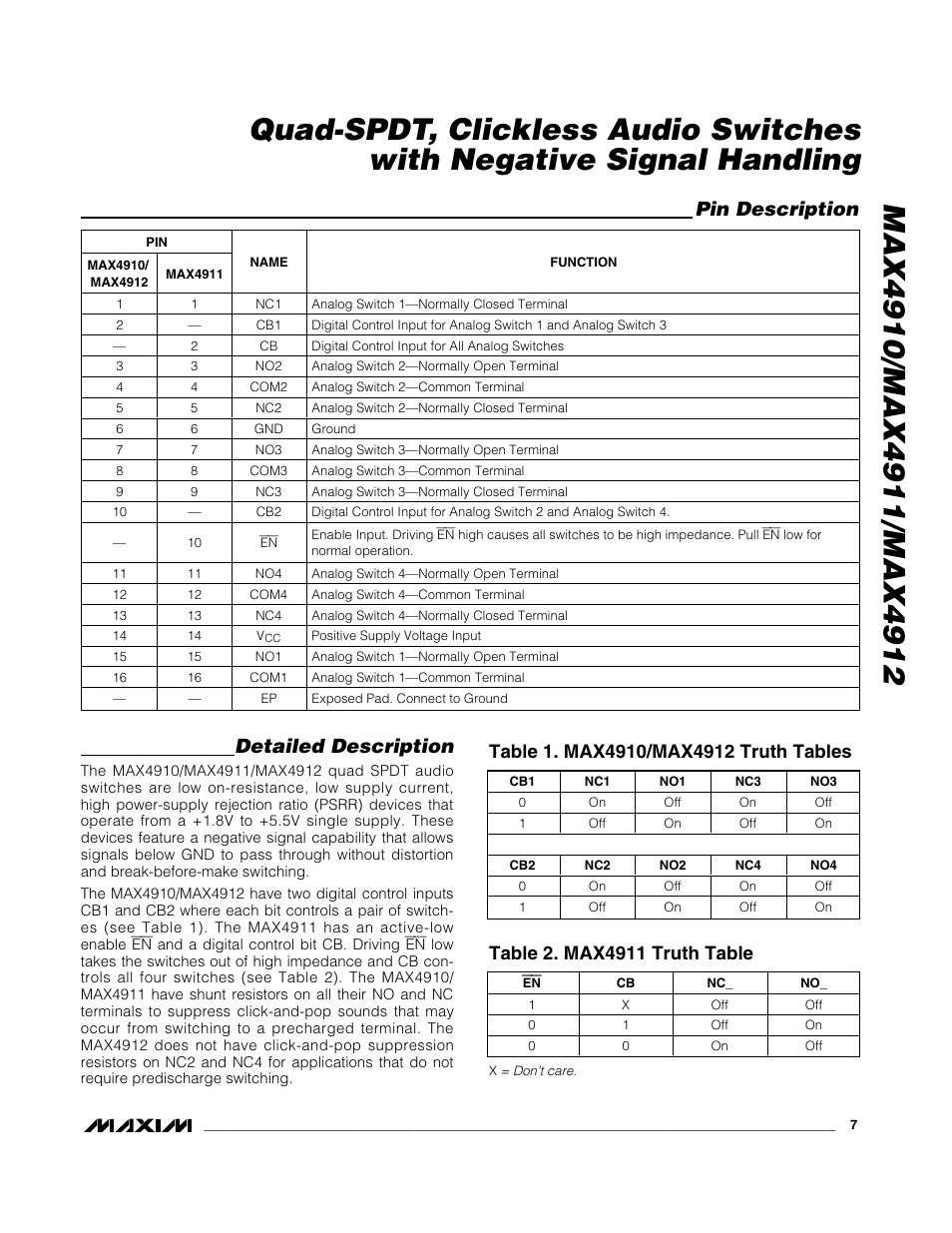 Detailed description, Pin description | Rainbow Electronics MAX4912 User Manual | Page 7 / 13