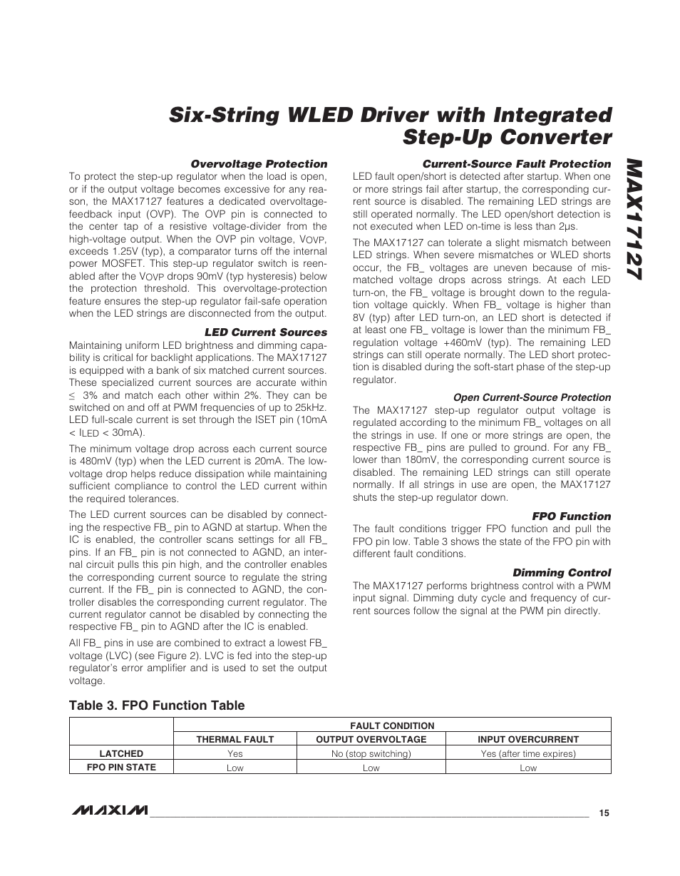Table 3. fpo function table | Rainbow Electronics MAX17127 User Manual | Page 15 / 22