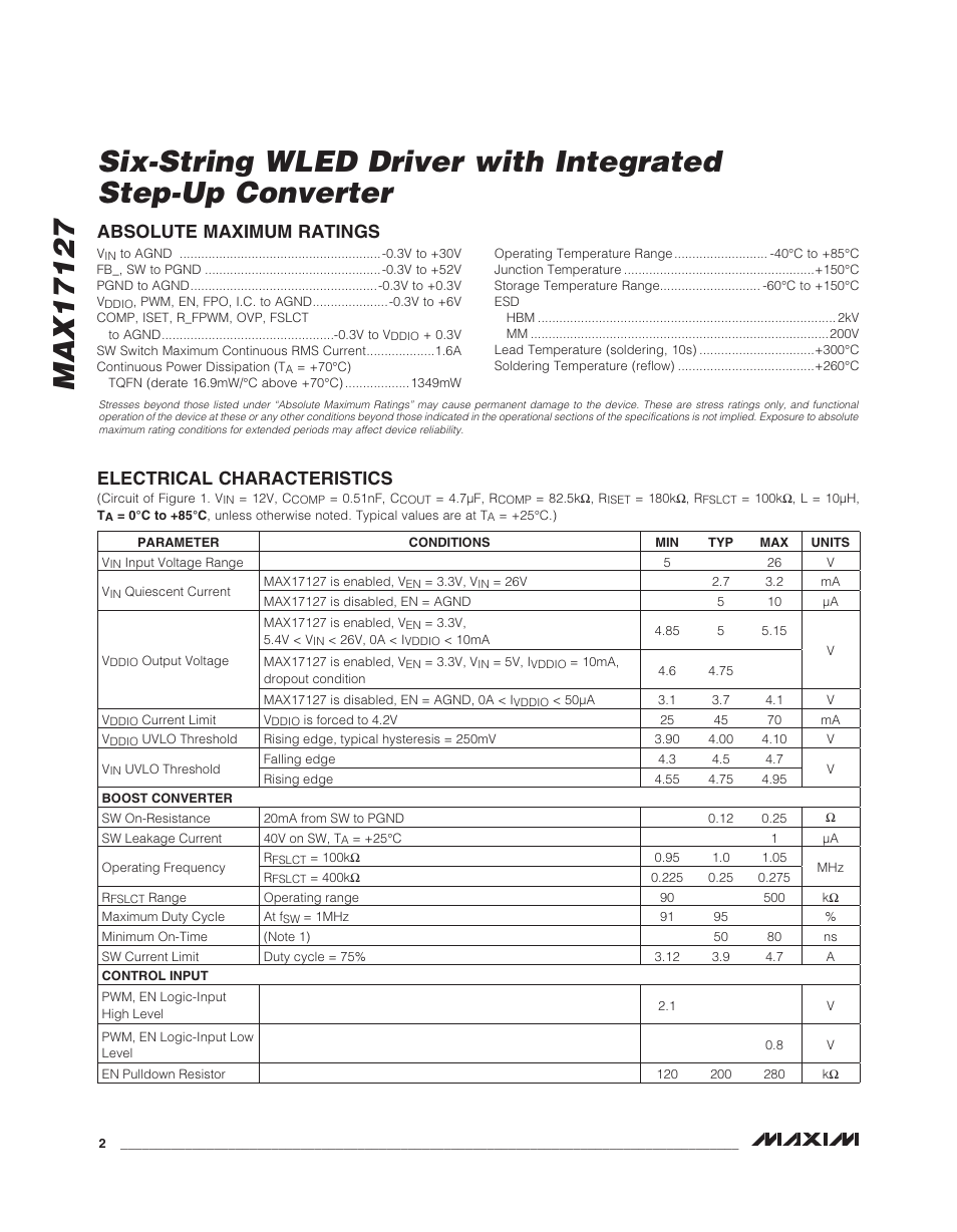 Electrical characteristics, Absolute maximum ratings | Rainbow Electronics MAX17127 User Manual | Page 2 / 22