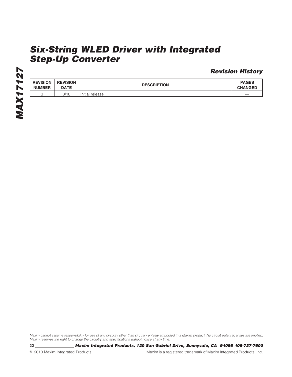 Revision history | Rainbow Electronics MAX17127 User Manual | Page 22 / 22
