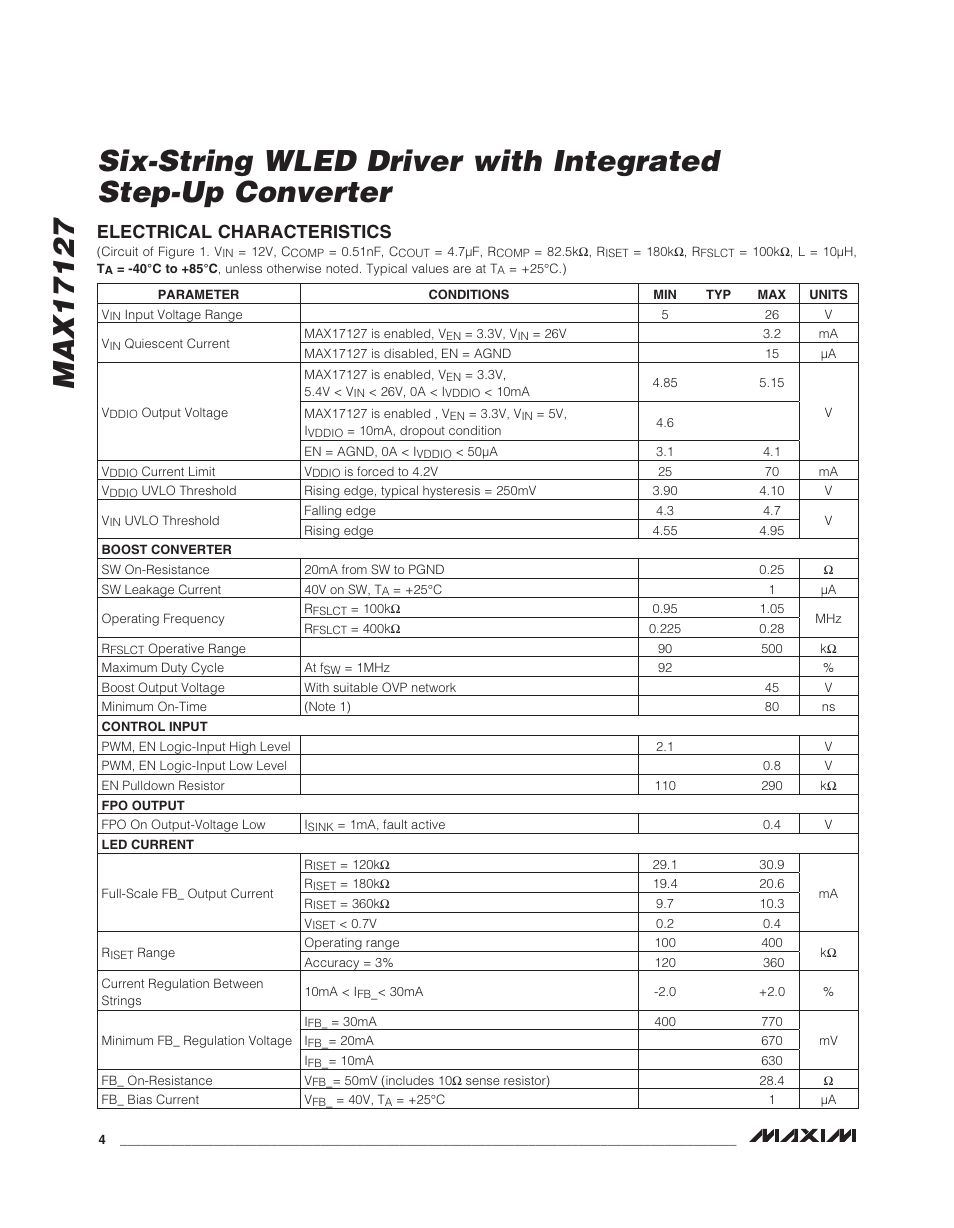 Electrical characteristics | Rainbow Electronics MAX17127 User Manual | Page 4 / 22
