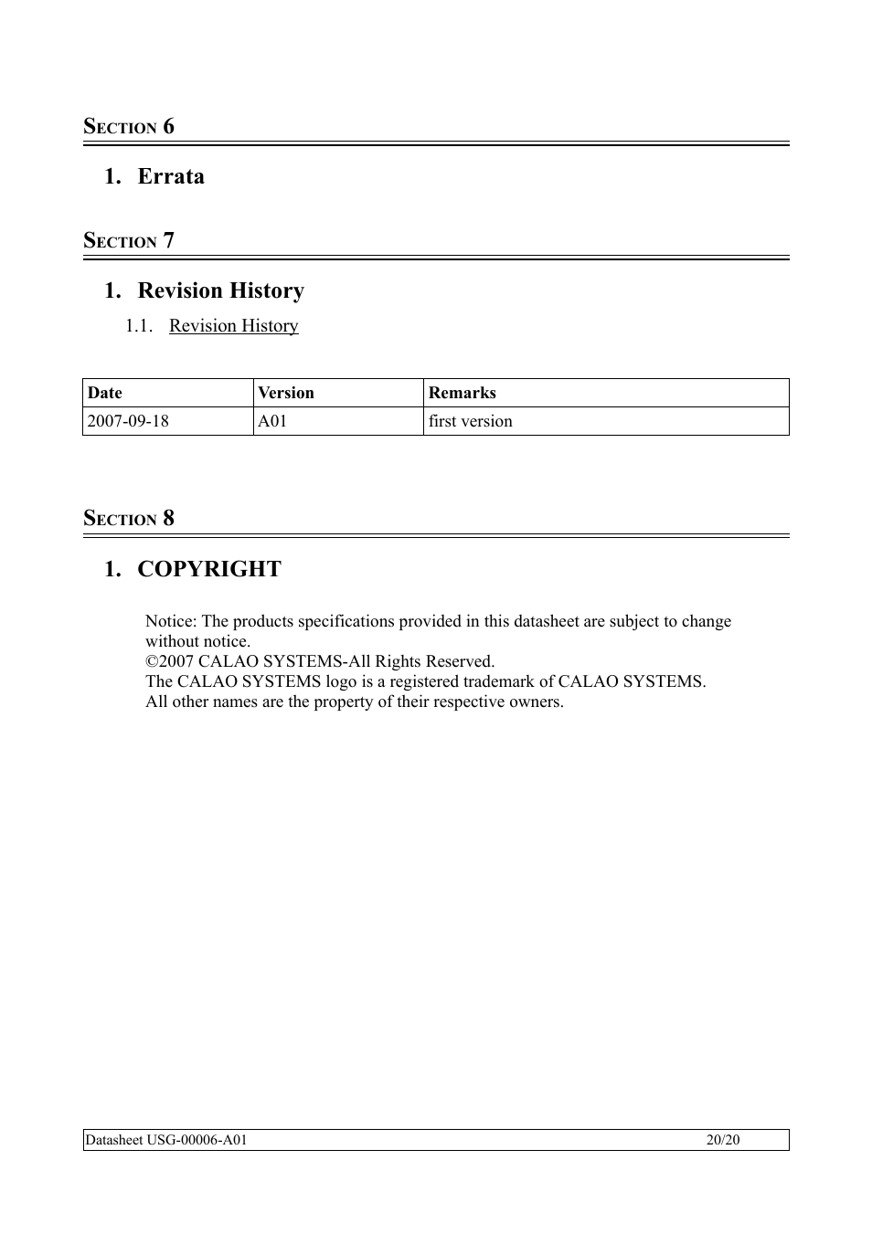 Section 6, Errata, Section 7 | Revision history, Section 8, Copyright, Errata s | Rainbow Electronics QIL-A9260-C11 User Manual | Page 20 / 20