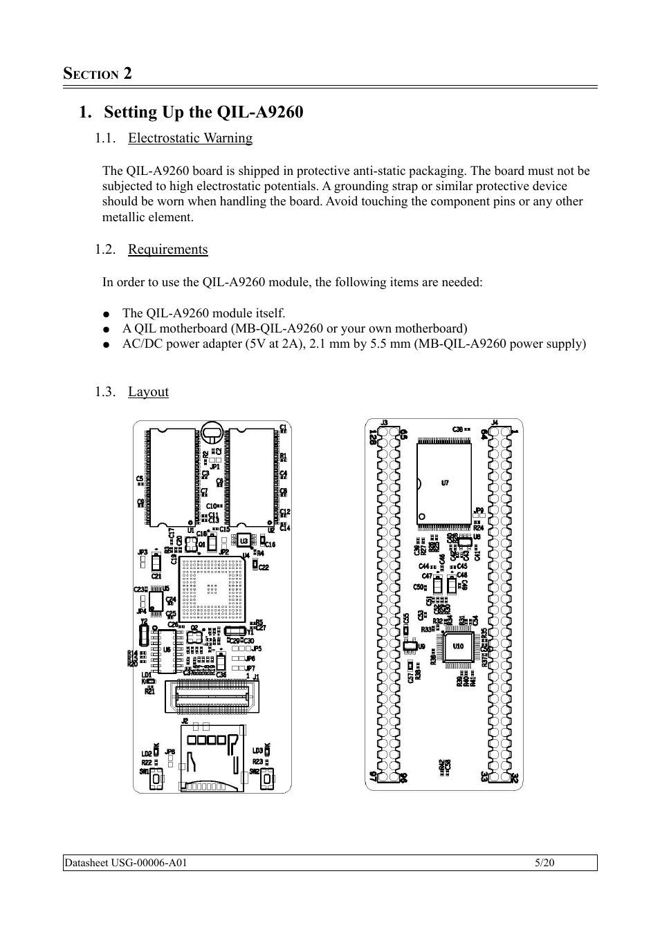 Section 2, Setting up the qil-a9260, Electrostatic warning | Requirements, Layout | Rainbow Electronics QIL-A9260-C11 User Manual | Page 5 / 20