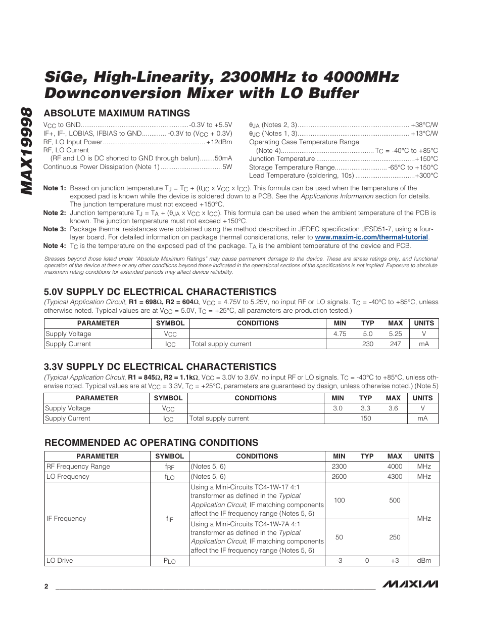 0v supply dc electrical characteristics, Absolute maximum ratings, 3v supply dc electrical characteristics | Recommended ac operating conditions | Rainbow Electronics MAX19998 User Manual | Page 2 / 28